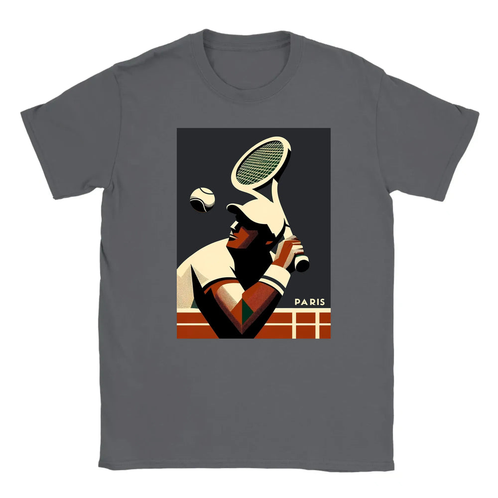 T-shirt featuring a graphic design of tennis elements and Paris landmarks