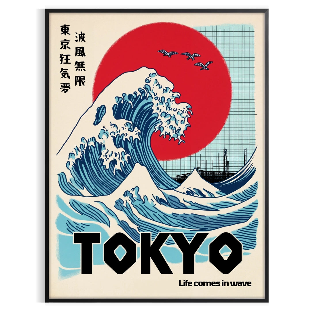 Tokyo skyline poster, modern neon style with bold blue and red