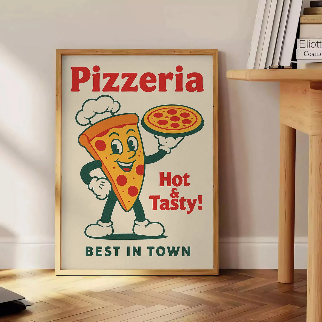 Pôster de cozinha de pizzaria ilustrado, estilo retro, tons verdes e vermelhos