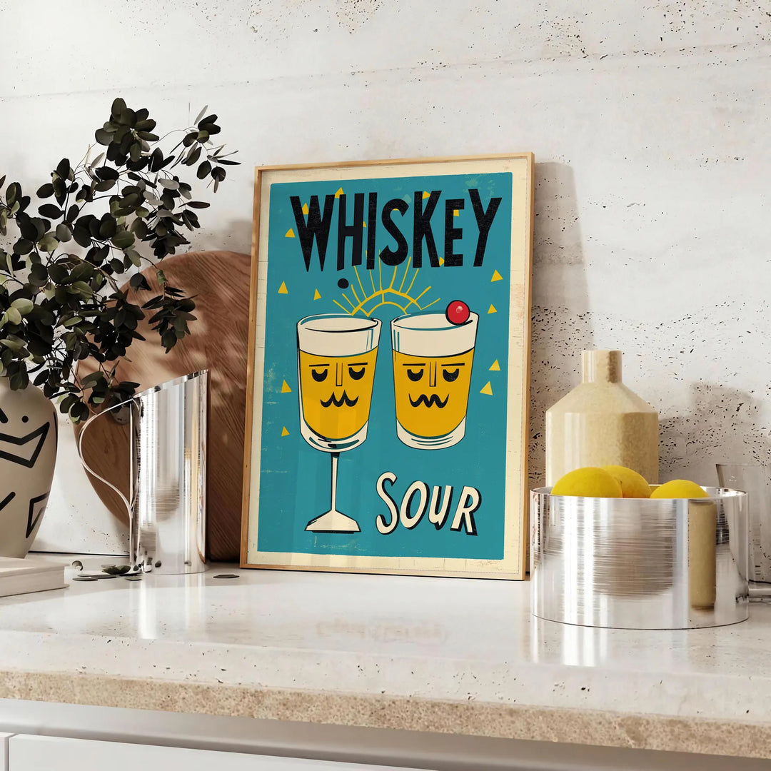 Illustration of a Whisky Sour cocktail with brown and green hues