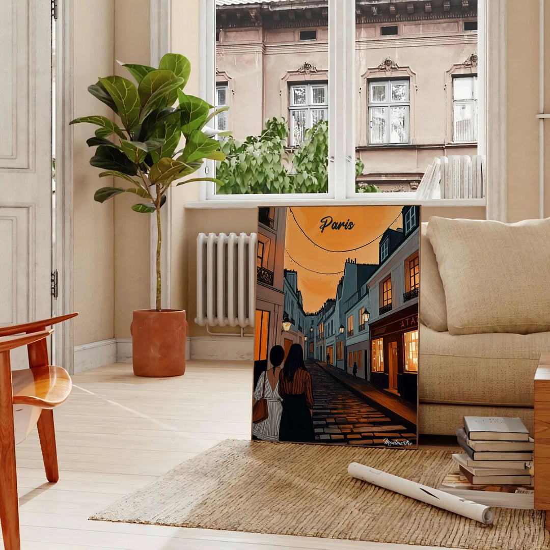 Montmartre poster with stylized illustration of Paris in green and orange