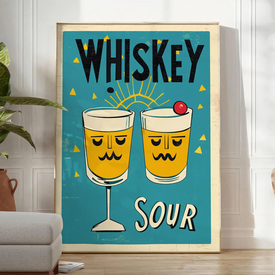 Illustration of a Whisky Sour cocktail with brown and green hues