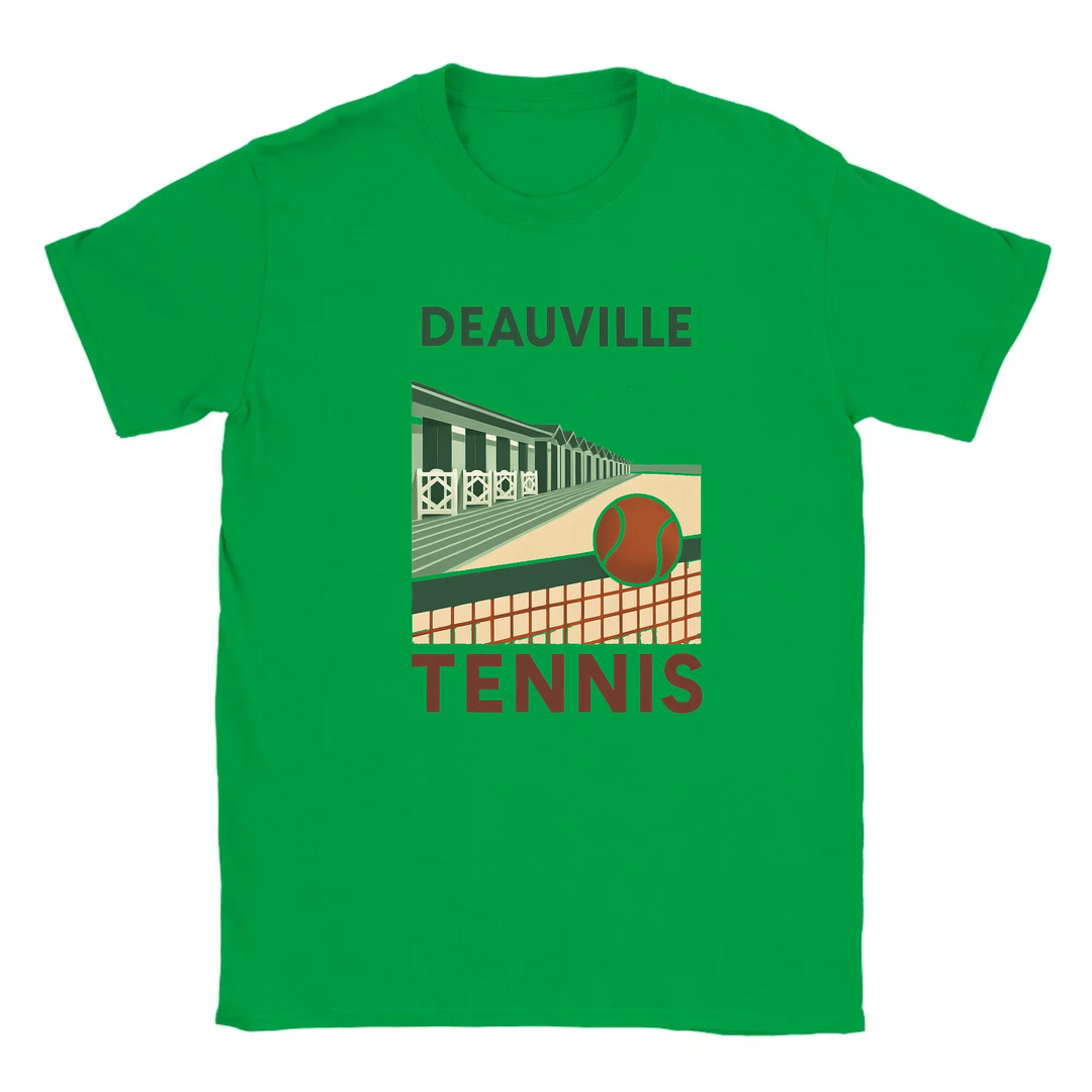 T-shirt featuring a graphic of tennis rackets and balls with Deauville text