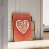 A motivational poster featuring the phrase 'Self Love Club' in bold typography, with energetic orange and red hues.