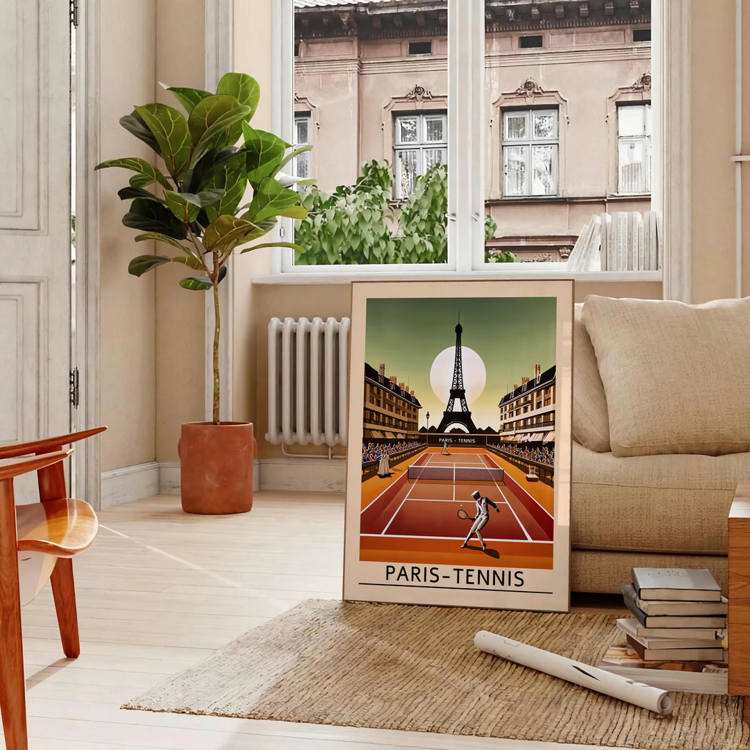 Stylized tennis player in red and black with the Eiffel Tower in the background