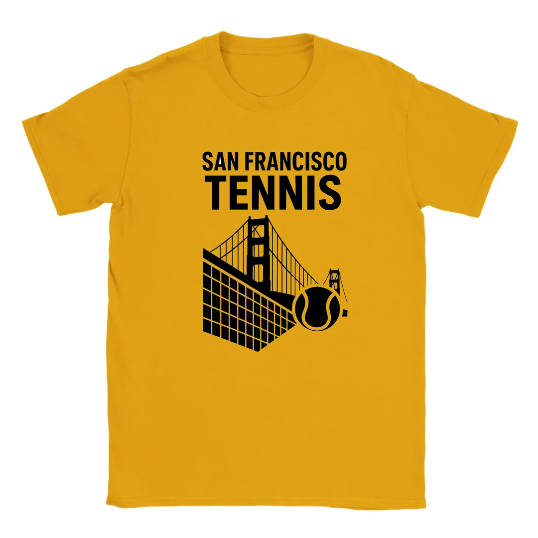T-shirt featuring a graphic of San Francisco's iconic skyline with tennis elements