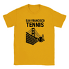T-shirt featuring a graphic of San Francisco's iconic skyline with tennis elements