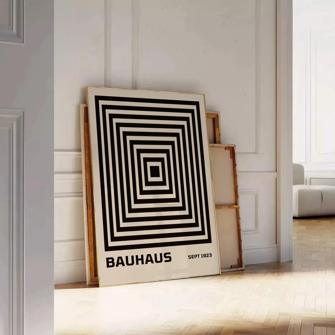Bauhaus pyramid poster in brown, gray, and green geometric design