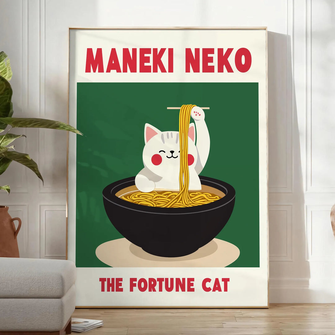 Green and gray Maneki Neko poster for kitchen, minimalist Japanese illustration