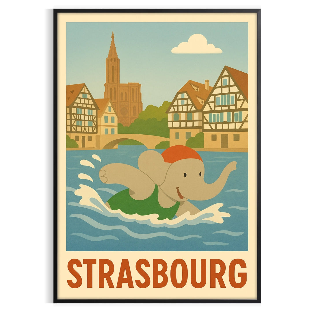 Illustration of a playful elephant swimming in blue water with green accents