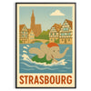 Illustration of a playful elephant swimming in blue water with green accents