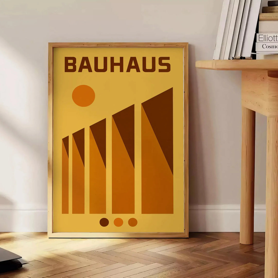 Geometric abstract forms in yellow, red, green, and orange inspired by Bauhaus