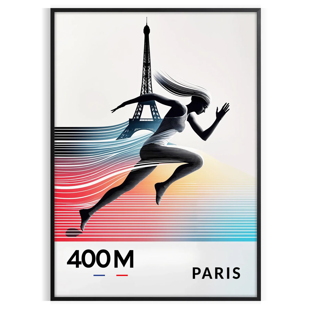 Stylized 400 metres race poster, Paris Olympics design with modern typography - in a black frame