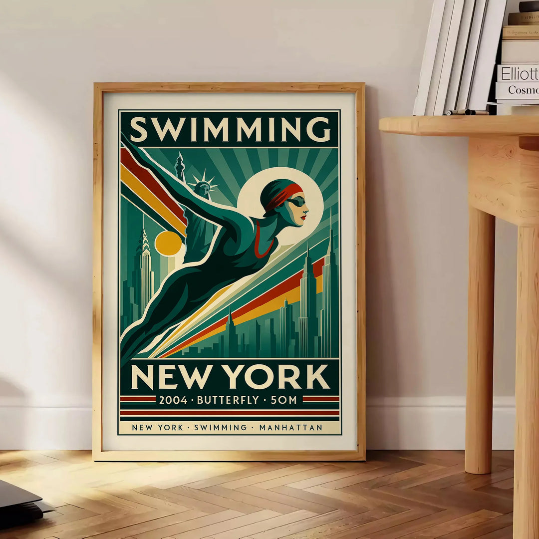 Retro illustration of a swimmer in bold green and orange against New York skyline