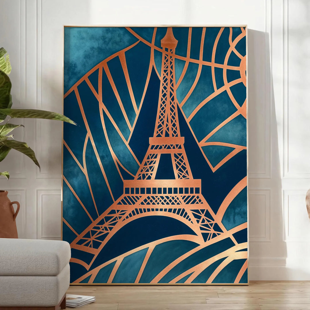 Art Deco poster featuring the Paris skyline in green and gray geometric patterns