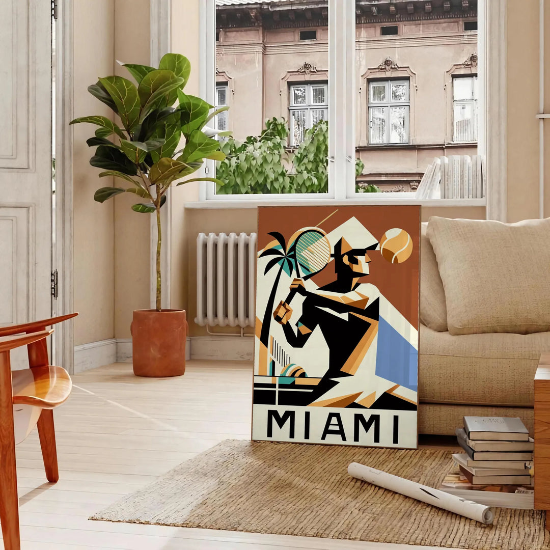 Green and white Miami tennis poster, minimalist retro-style courtside illustration