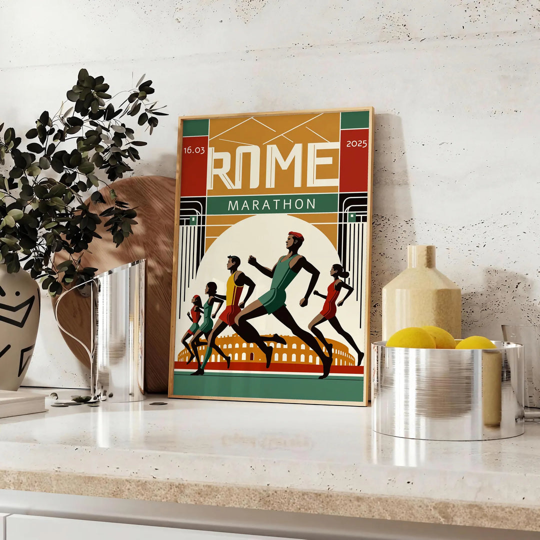 Dynamic illustration of runners in the Rome Marathon with green and white accents