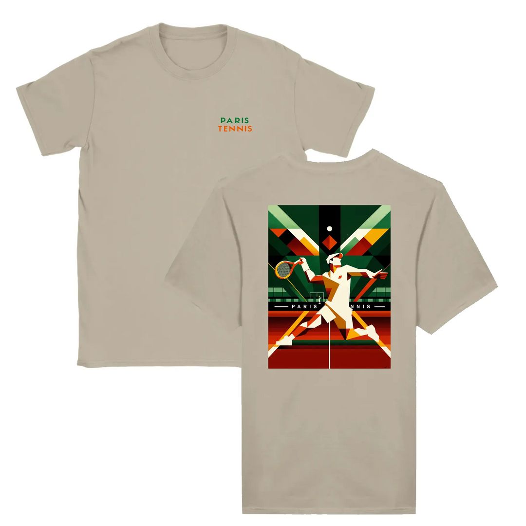 T-shirt featuring a graphic of tennis rackets and a ball with Paris skyline