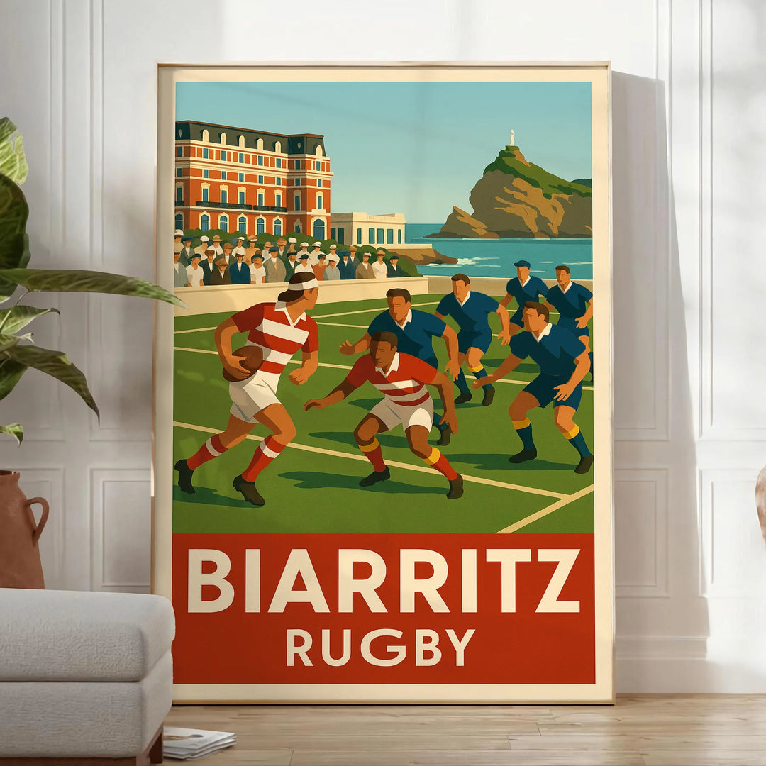 Biarritz rugby poster in vintage Art Deco style, dynamic player illustration