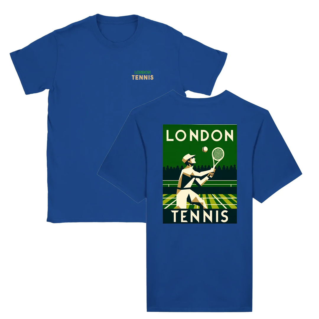 T-shirt featuring a graphic of tennis rackets and a ball in a dynamic design