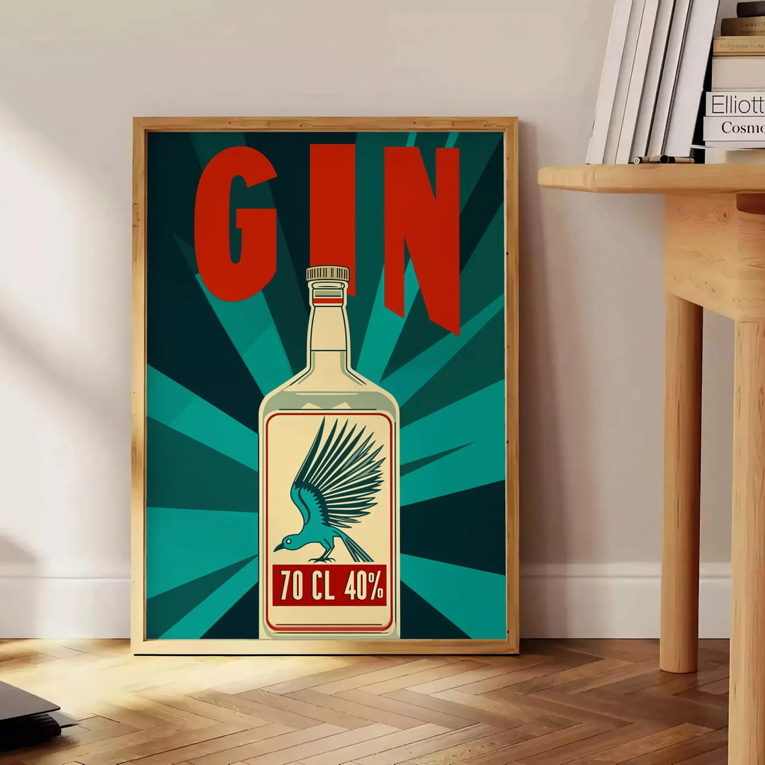 Stylized gin cocktail poster with orange and blue retro illustration