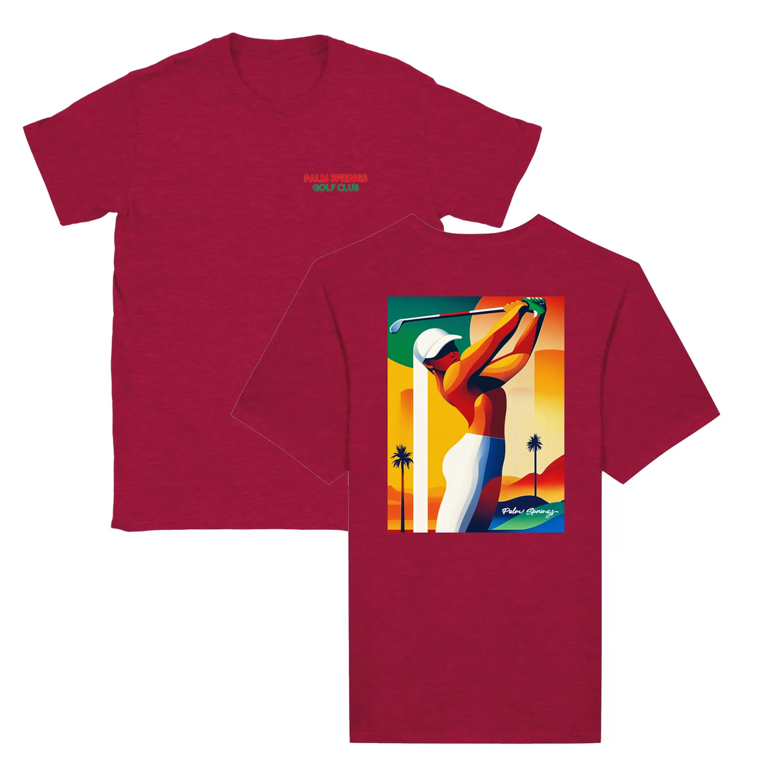 T-shirt featuring a graphic of a golf scene in Palm Springs