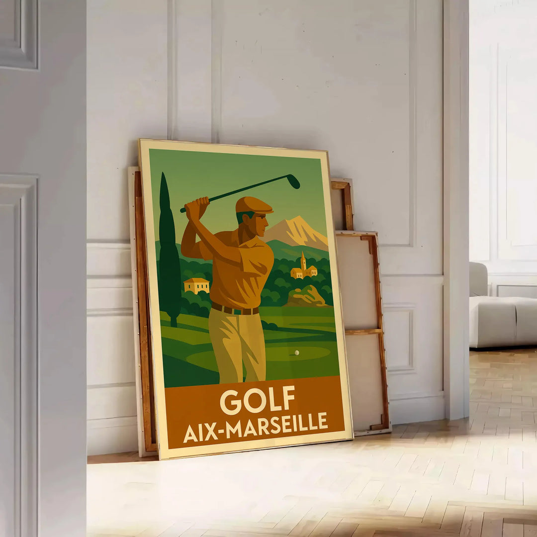 Vintage illustration of a golf course in Aix-Marseille with green hills and blue sky