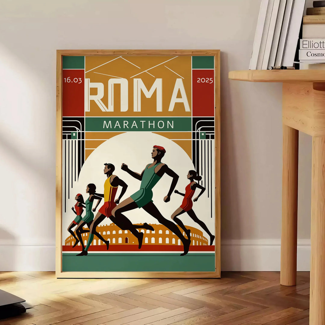 Poster featuring bold graphic Rome marathon design in white and red.