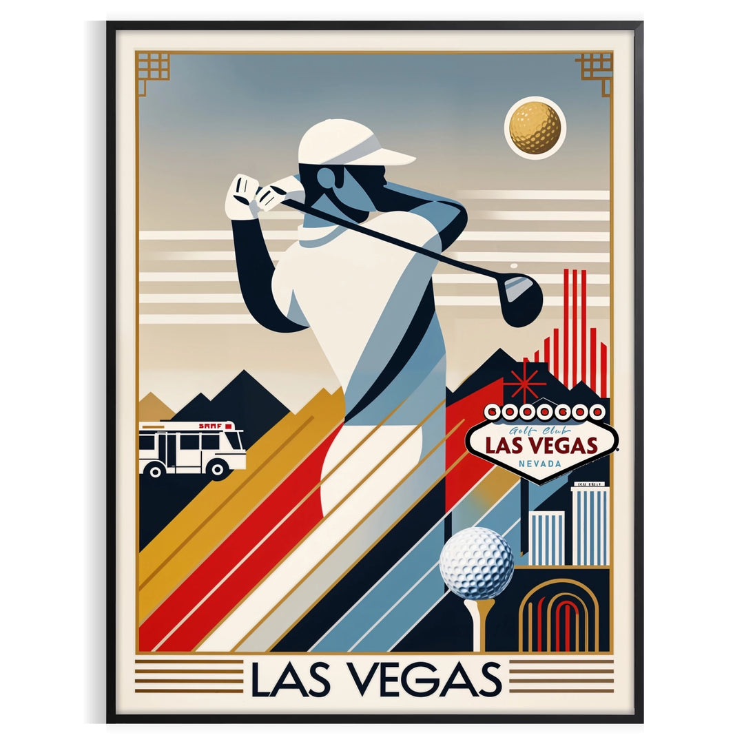 Vintage Art Deco poster depicting a golf scene in Las Vegas with black and orange tones