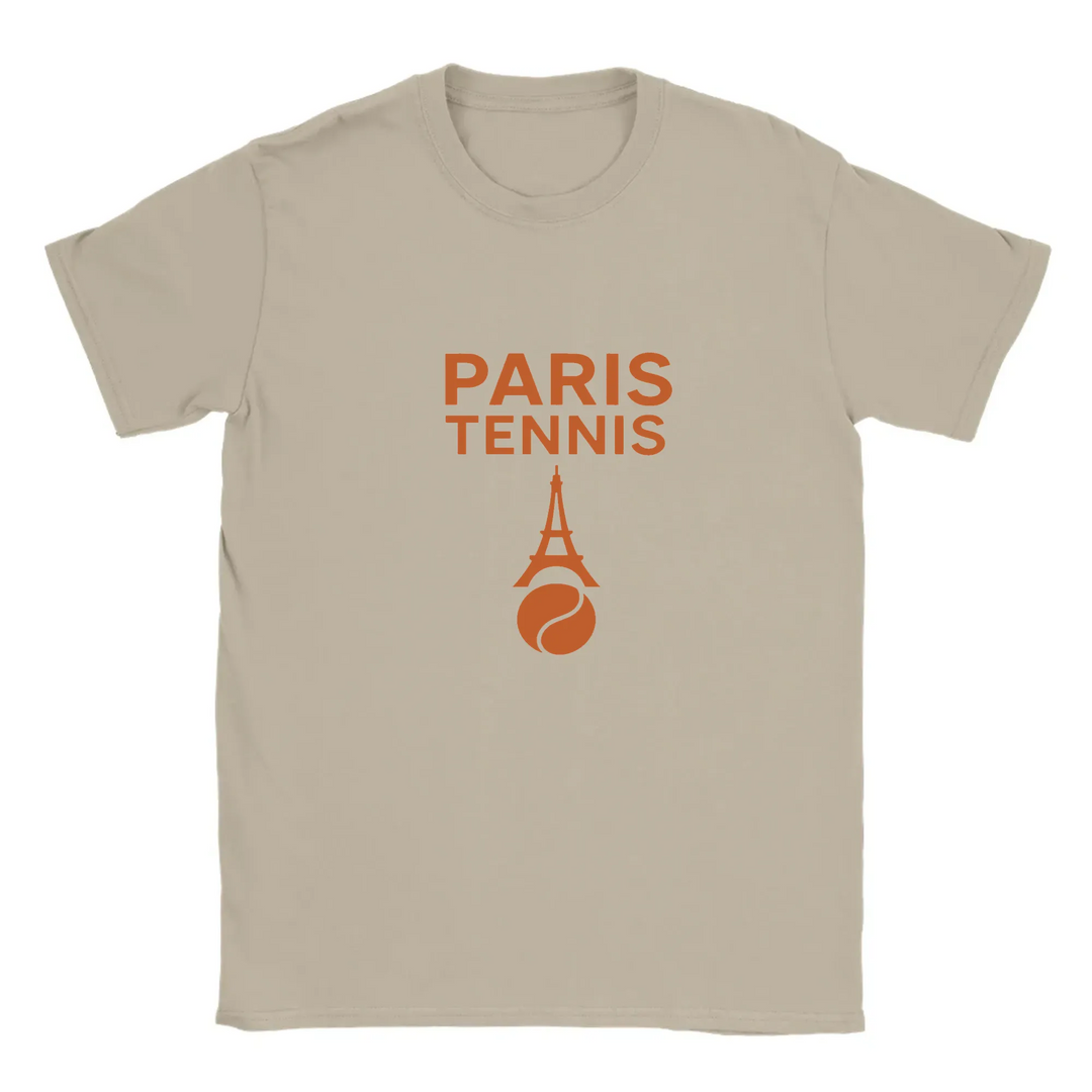 T-shirt featuring a graphic of tennis rackets and a ball with Paris landmarks