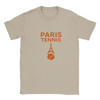 T-shirt featuring a graphic of tennis rackets and a ball with Paris landmarks