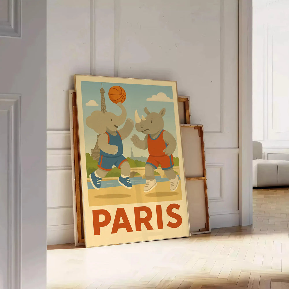 Colorful illustration of elephants and a rhinoceros playing basketball in Paris