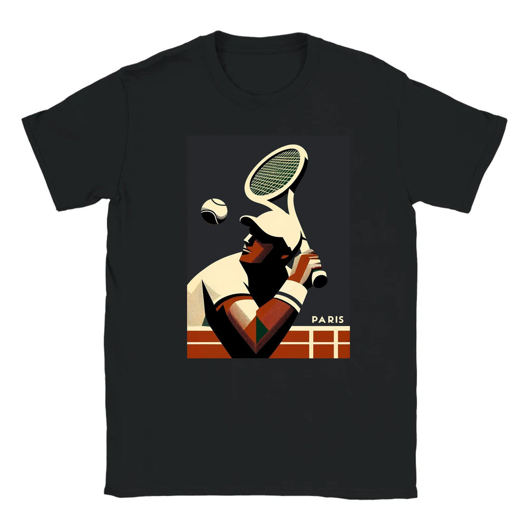 T-shirt featuring a graphic design of tennis elements and Paris landmarks