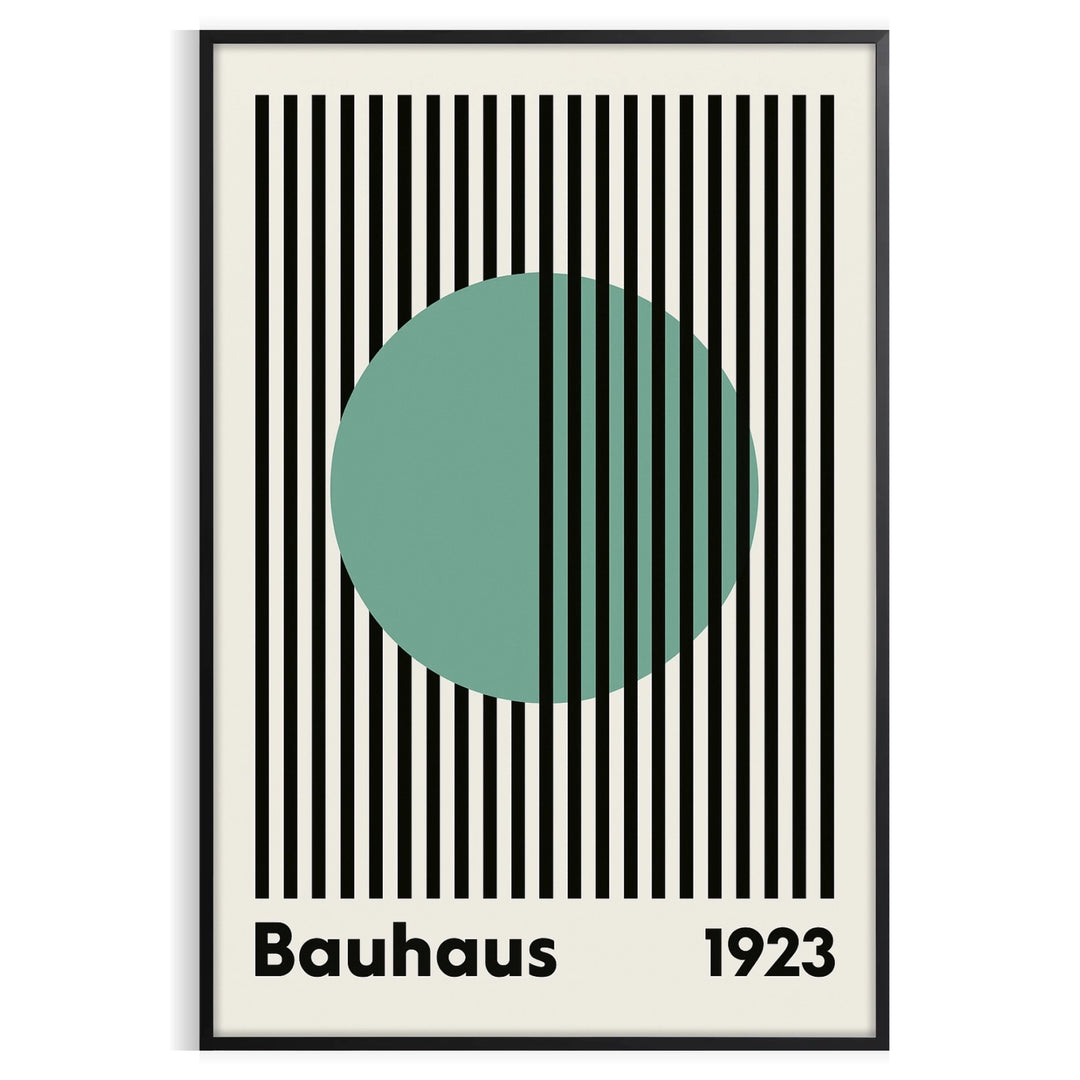 Bauhaus poster with green linear circle, blue and gray geometric minimalism