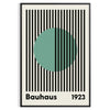 Bauhaus poster with green linear circle, blue and gray geometric minimalism