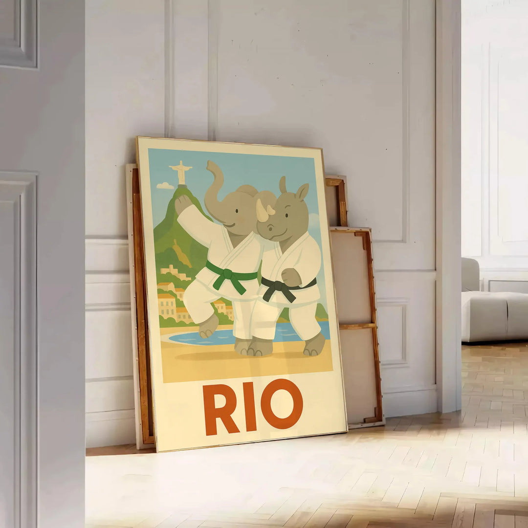 Playful elephant and rhino judo scene in Rio de Janeiro, featuring gray and green tones