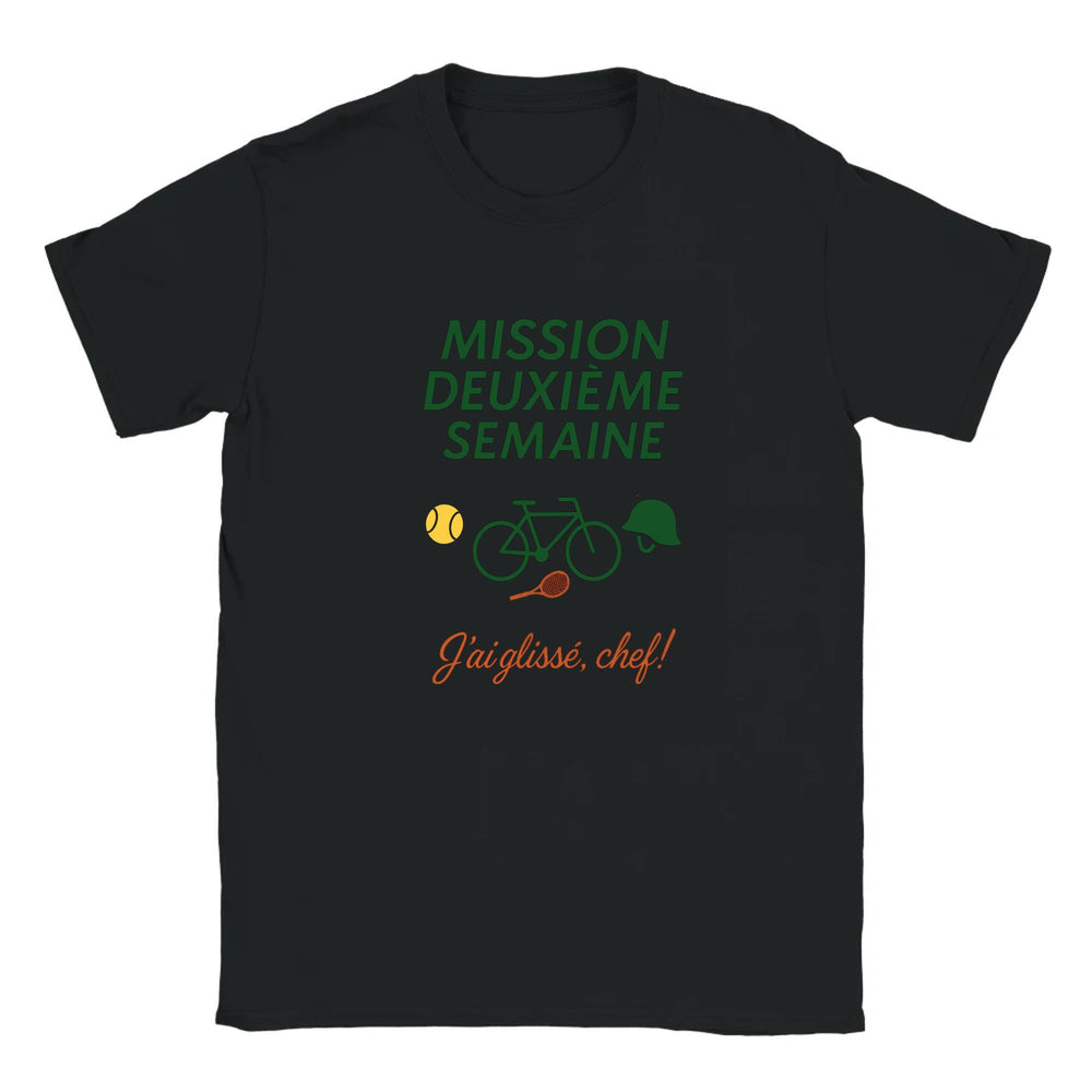 T-shirt featuring a graphic design related to tennis and the phrase 'Mission 2Eme Semaine'