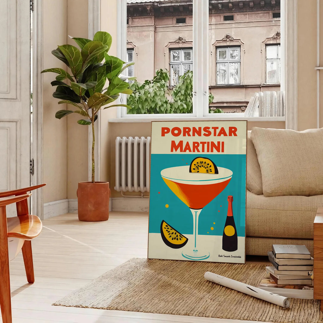 Pop-art style illustration of a Pornstar Martini cocktail in blue and red