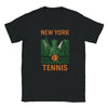 T-shirt featuring a graphic of tennis rackets and balls with New York text