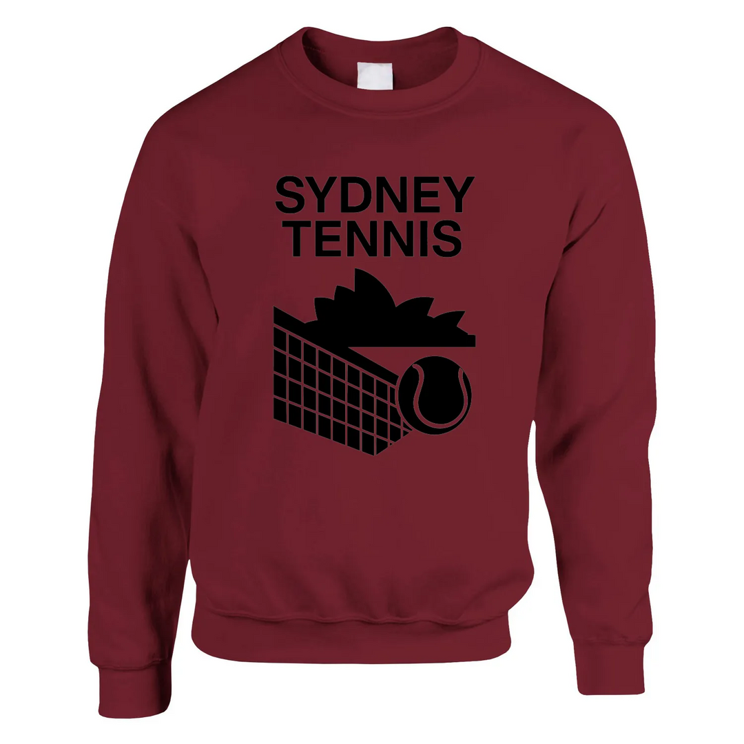 Unisex sweater featuring a graphic print of tennis elements and Sydney landmarks