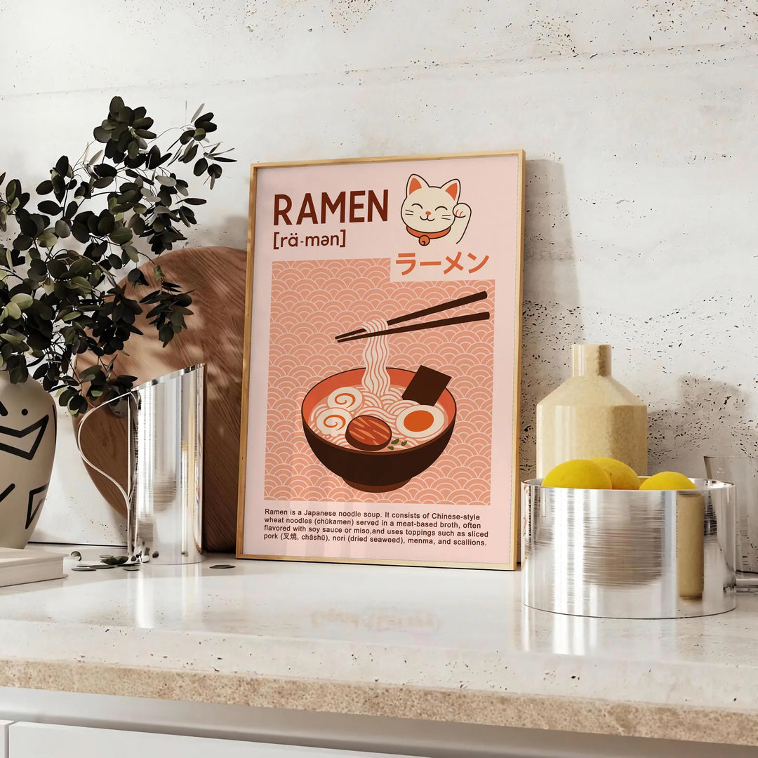 Illustration of a Maneki Neko holding ramen in a cozy kitchen setting