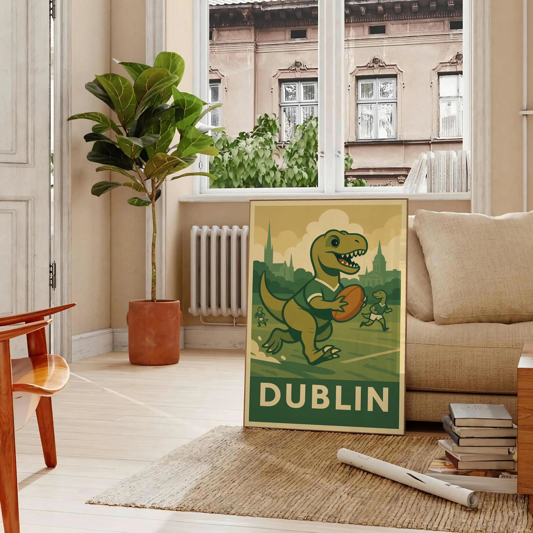 Art-deco style dinosaur playing rugby in a Dublin setting