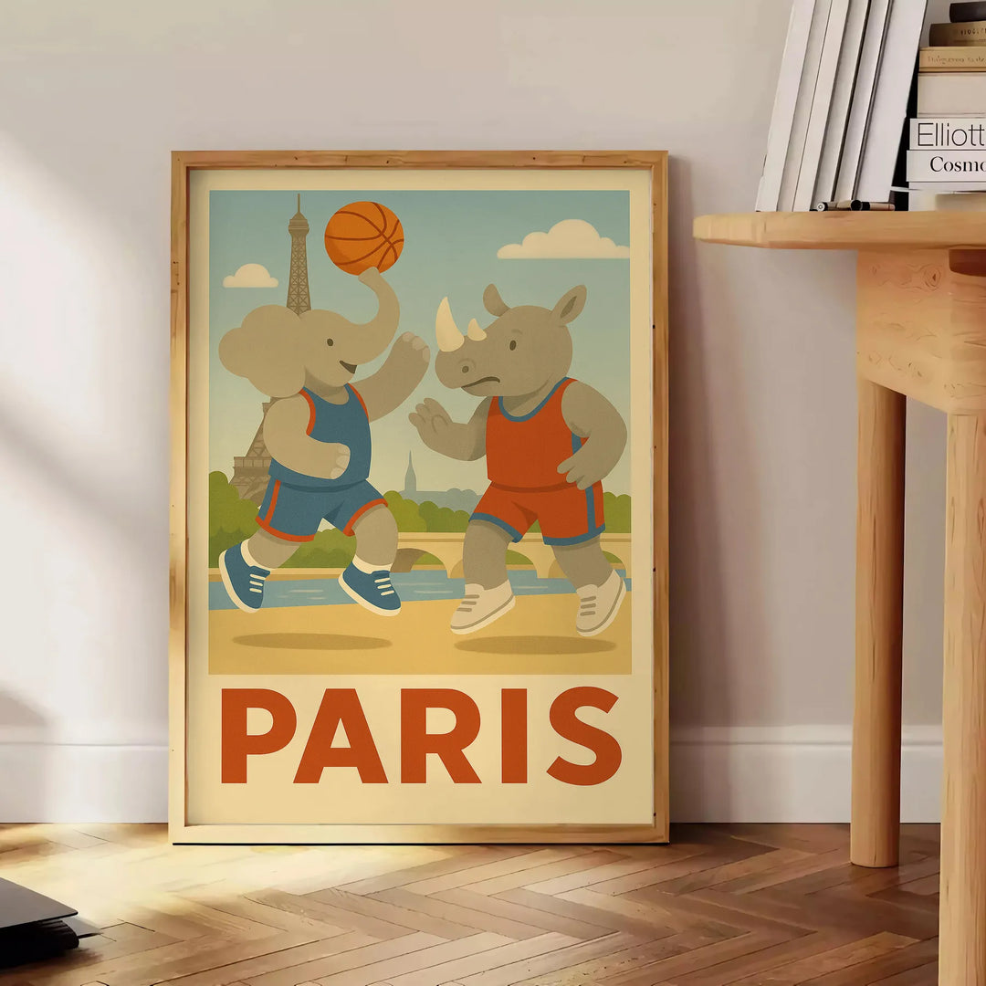 Colorful illustration of elephants and a rhinoceros playing basketball in Paris