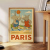 Colorful illustration of elephants and a rhinoceros playing basketball in Paris