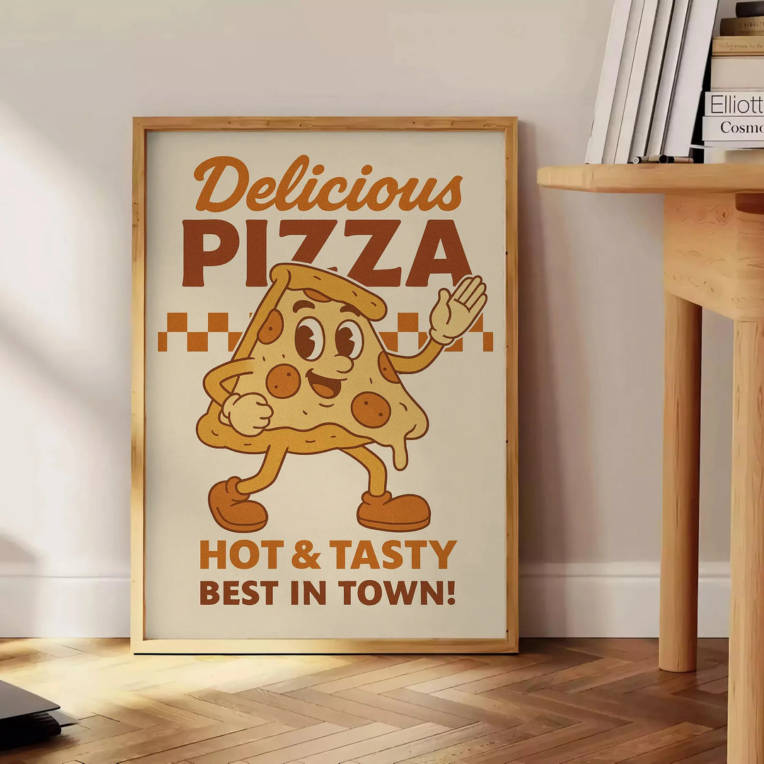 Green and gray retro pizza kitchen poster with illustrated mouthwatering slice