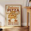 Green and gray retro pizza kitchen poster with illustrated mouthwatering slice