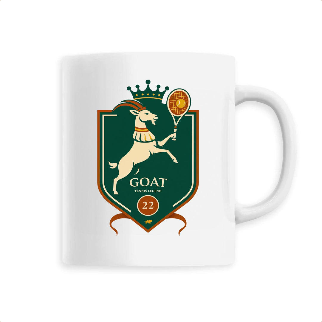 Ceramic mug with Rafa tennis GOAT graphic and minimalist typography