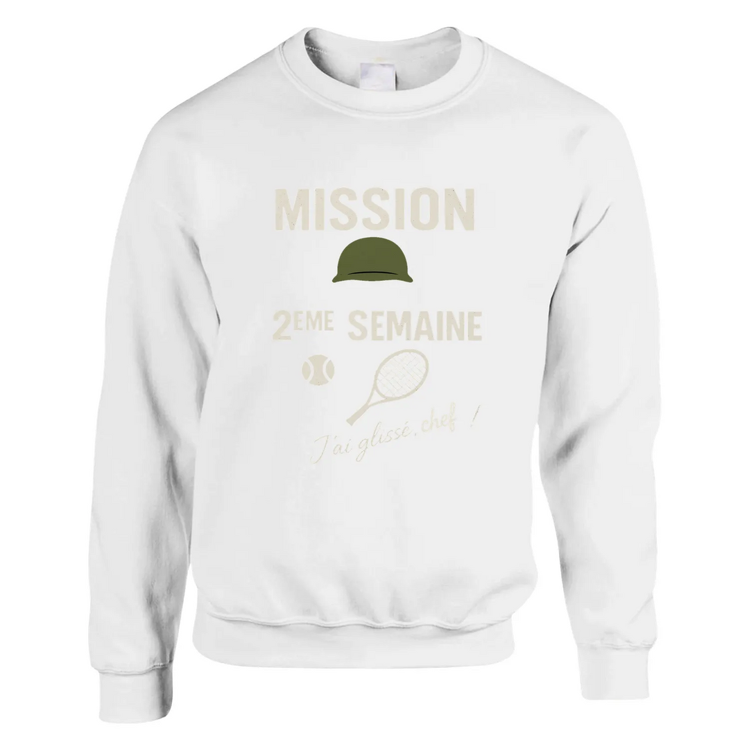 Crewneck sweater featuring 'Mission 2ème Semaine Tennis' text in bold font