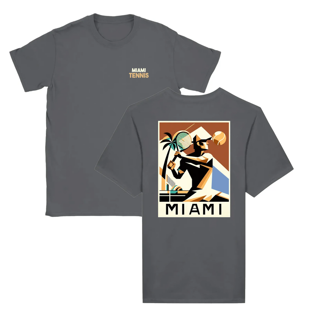 T-shirt featuring a graphic of a tennis player in action against a Miami skyline