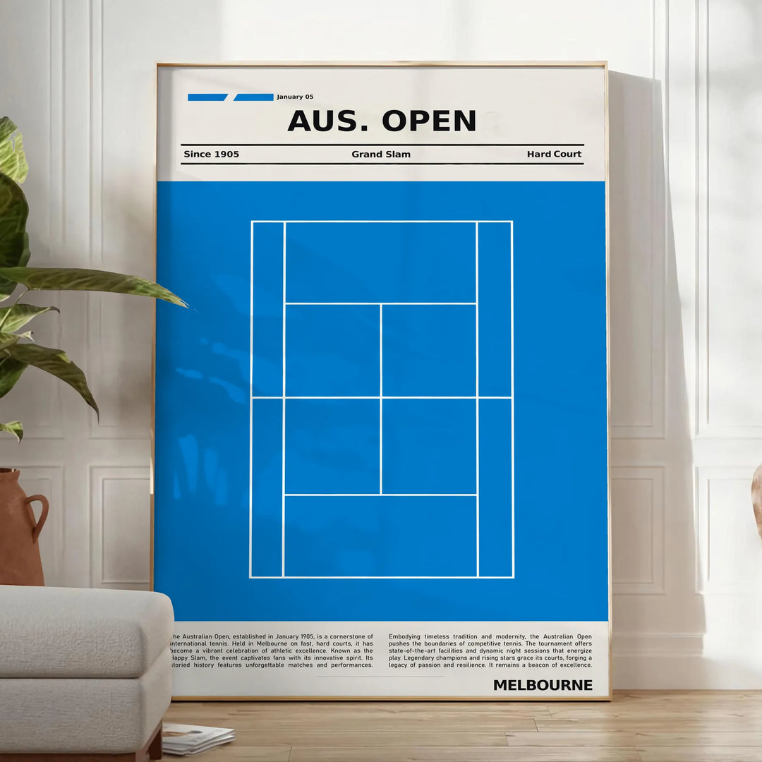 Illustration of a tennis court with players at the Australian Open Grand Slam